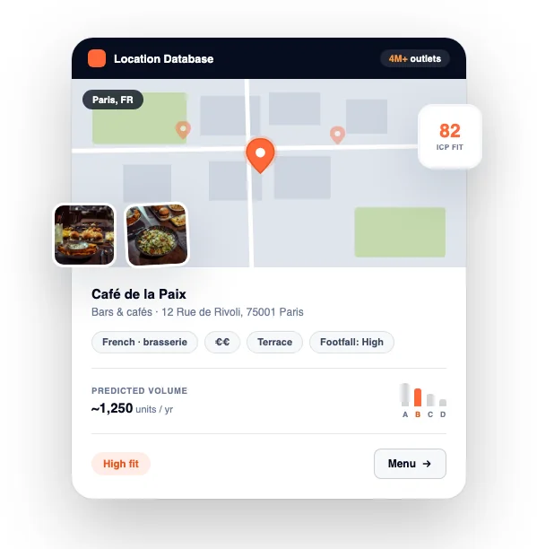 Roamler's Foodservice Database outlet profile — Café de la Paix in Paris with predicted volume and ICP fit score